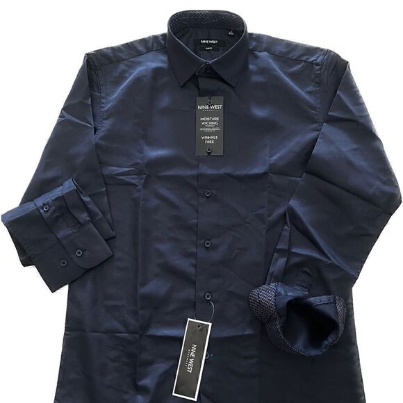 New NINE WEST Men's Slim-Fit Wrinkle-Free  Stretch DARK NAVY L(16-16 1/2 - Picture 9 of 14